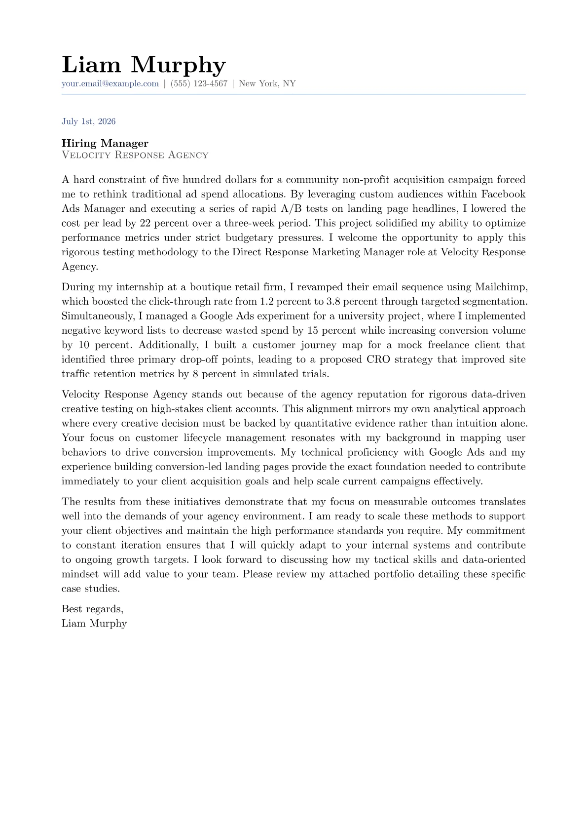 Direct Response Marketing Manager cover letter in the Classic design
