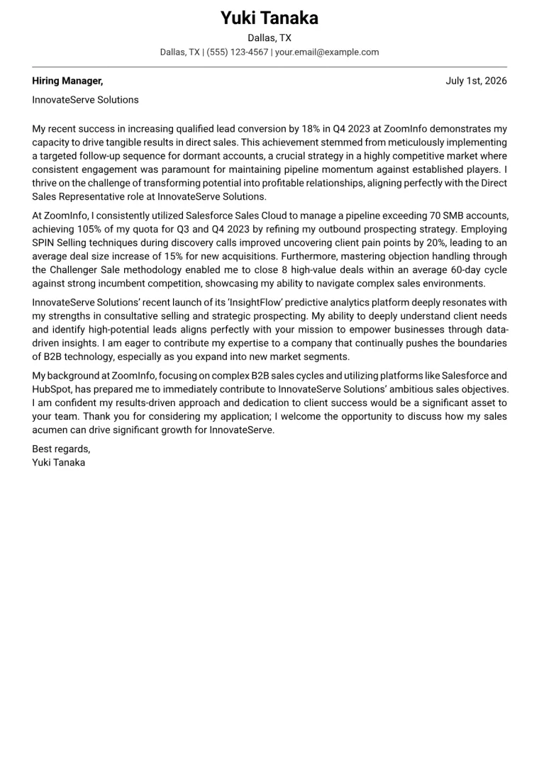 Direct Sales Representative Cover Letter Example