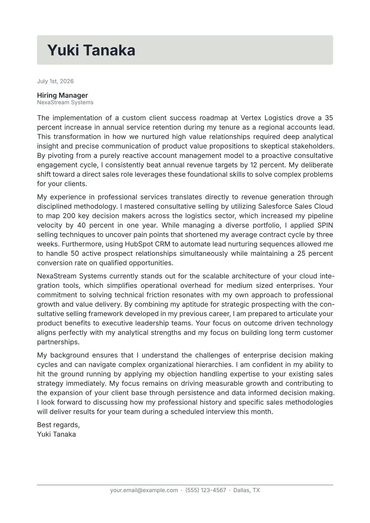 Direct Sales Representative cover letter in the Letterhead design