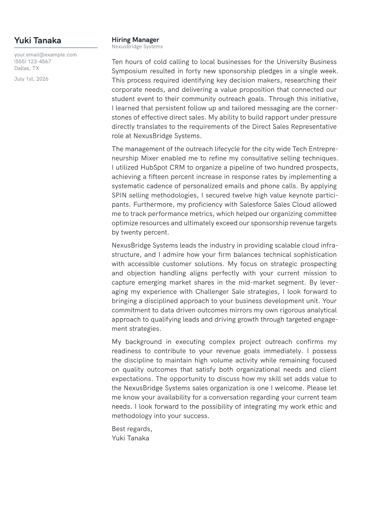 Direct Sales Representative cover letter in the Margin design