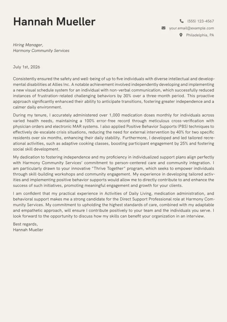 Direct Support Professional cover letter example preview