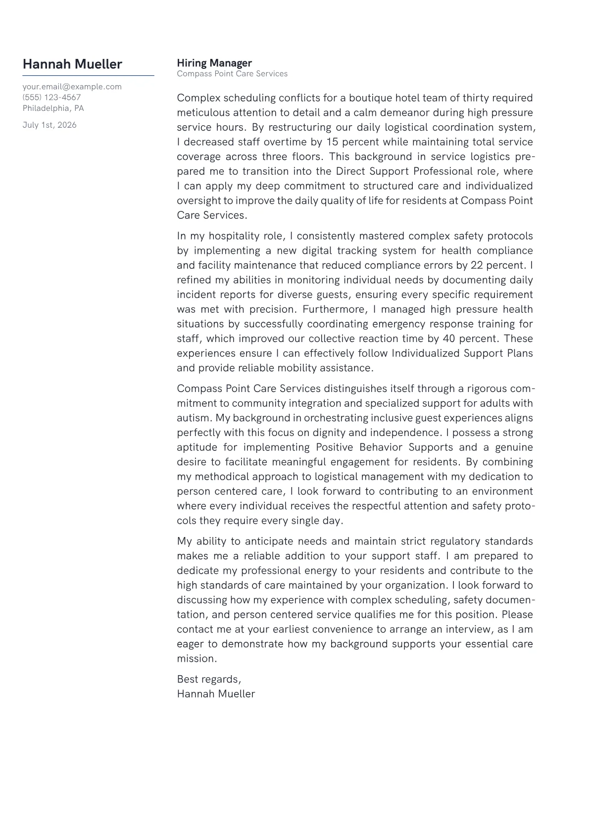 Direct Support Professional cover letter in the Margin design