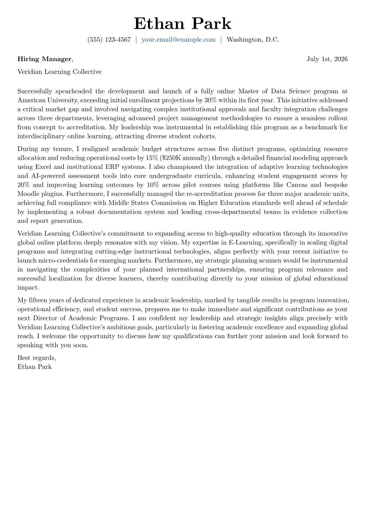 Director of Academic Programs cover letter formatted with a JobSprout template