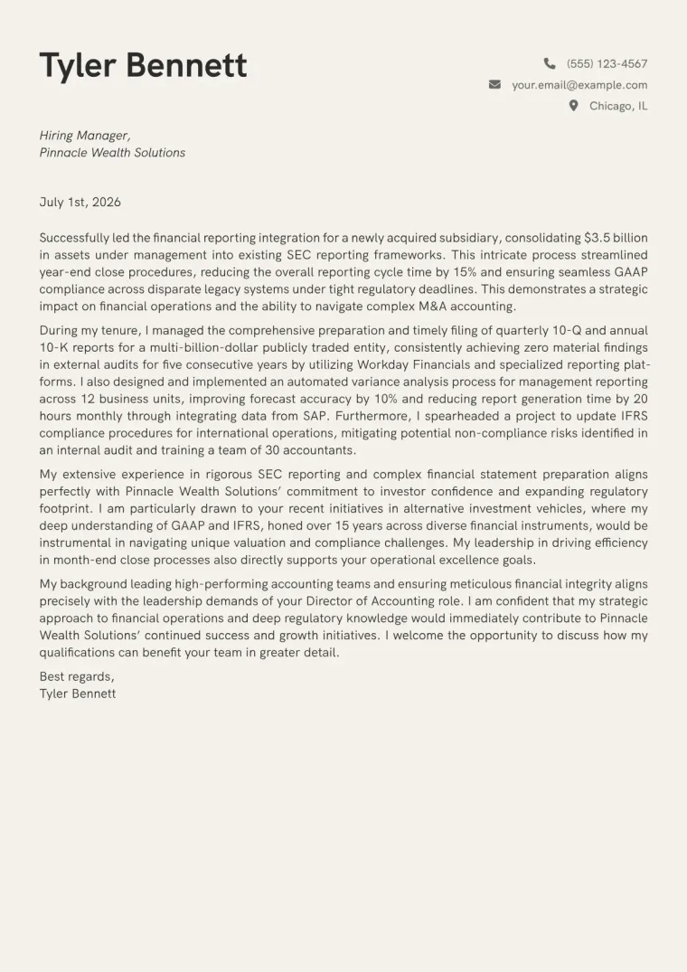Director of Accounting Cover Letter Example