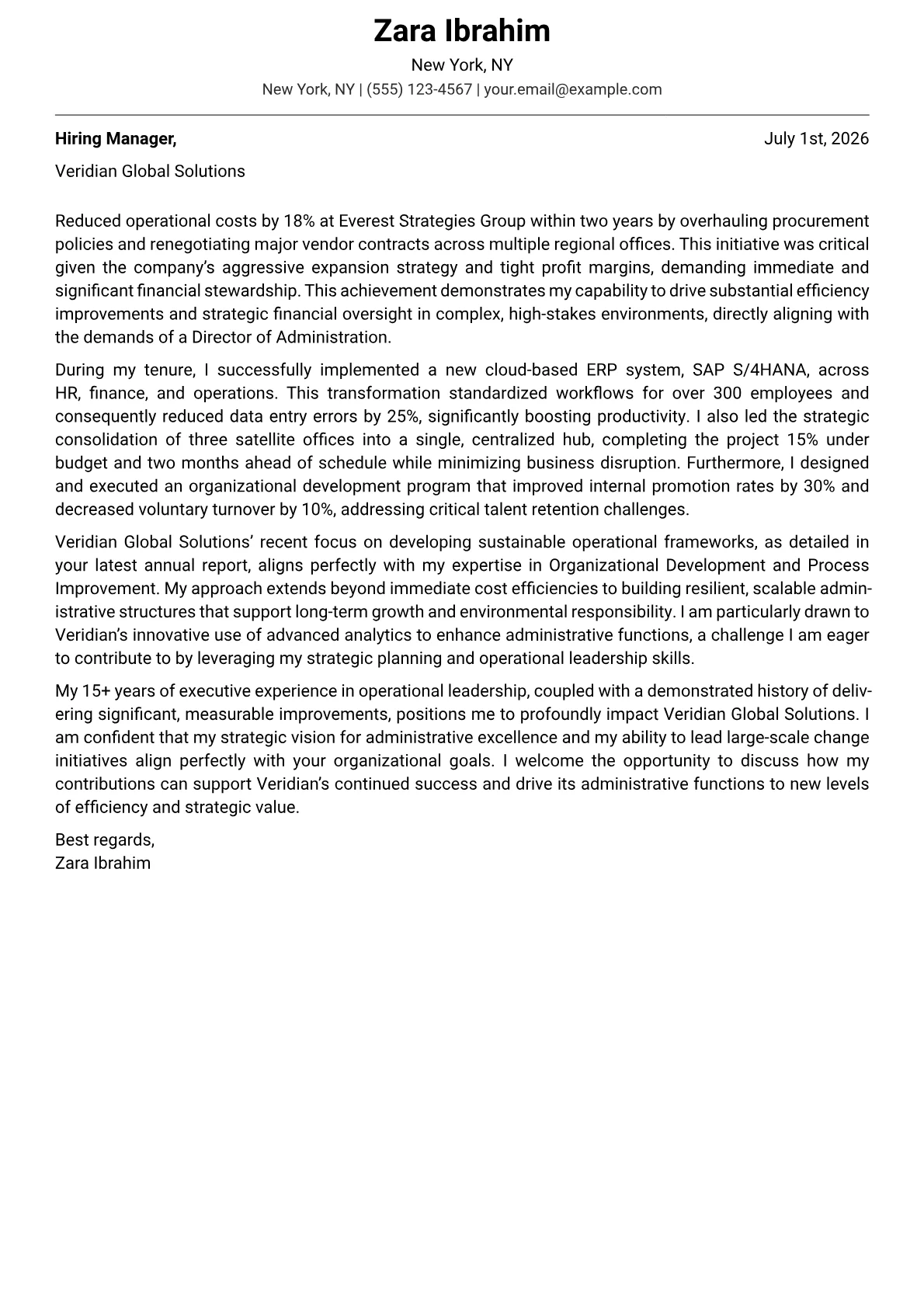 Director of Administration cover letter formatted with a JobSprout template