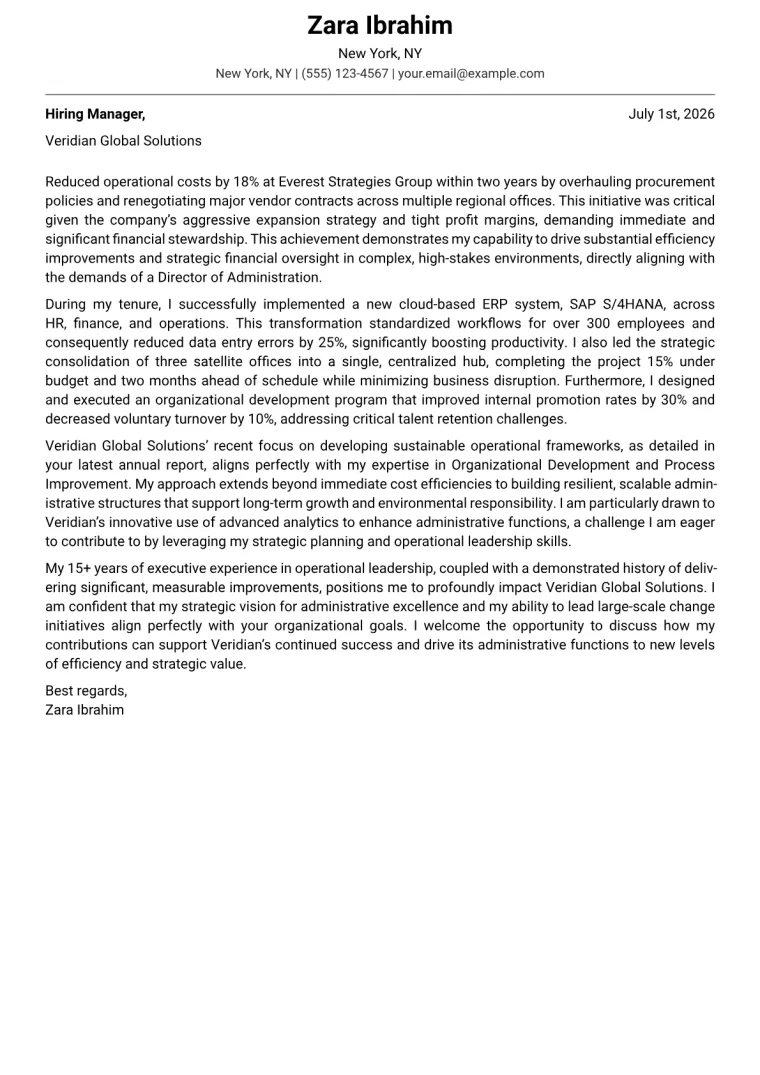 Director of Administration cover letter example preview