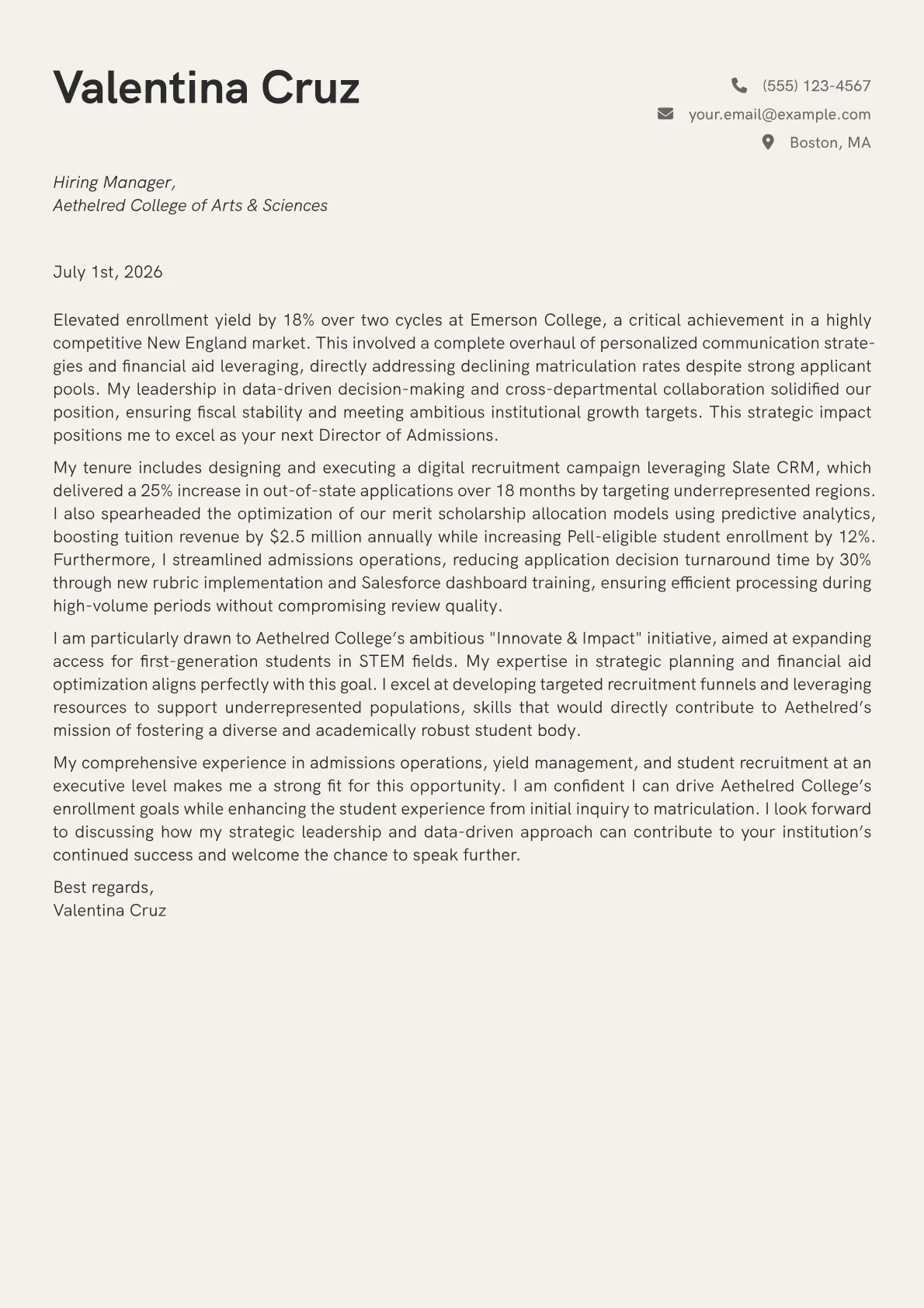 Director of Admissions cover letter formatted with a JobSprout template
