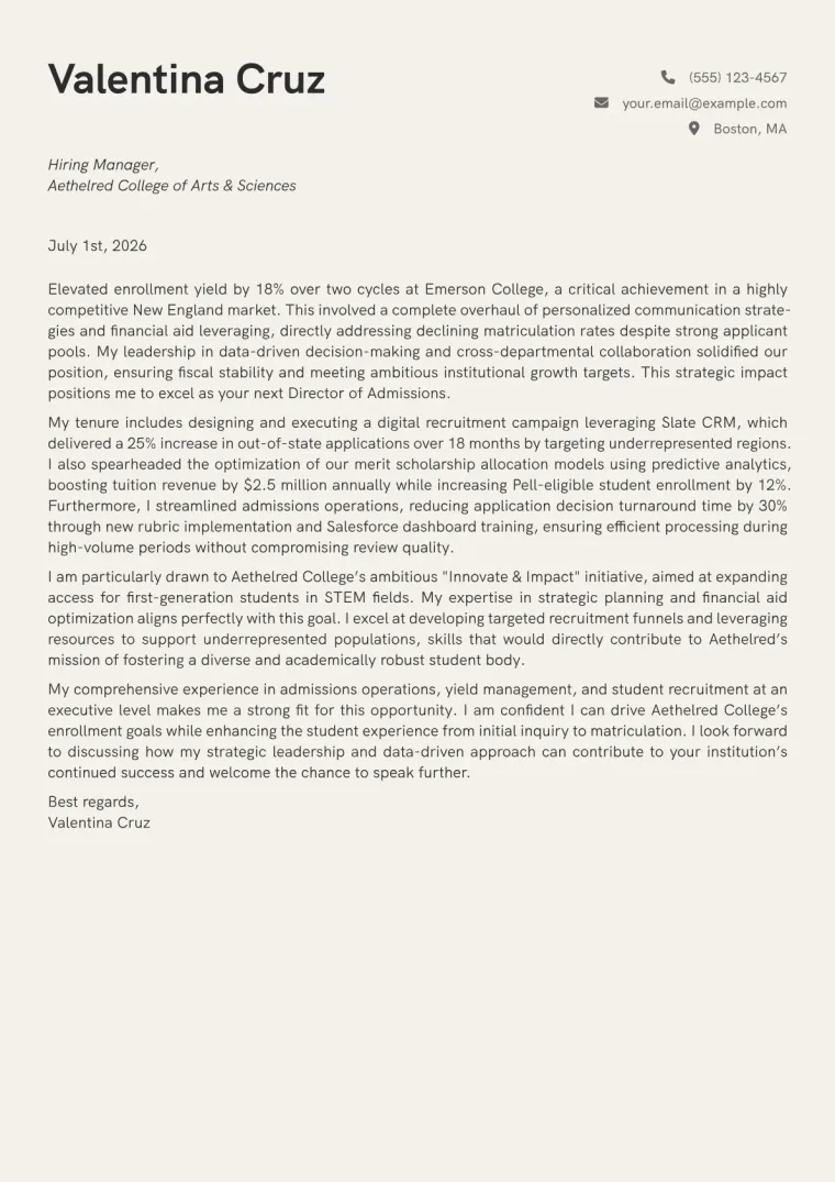 Director of Admissions cover letter example preview
