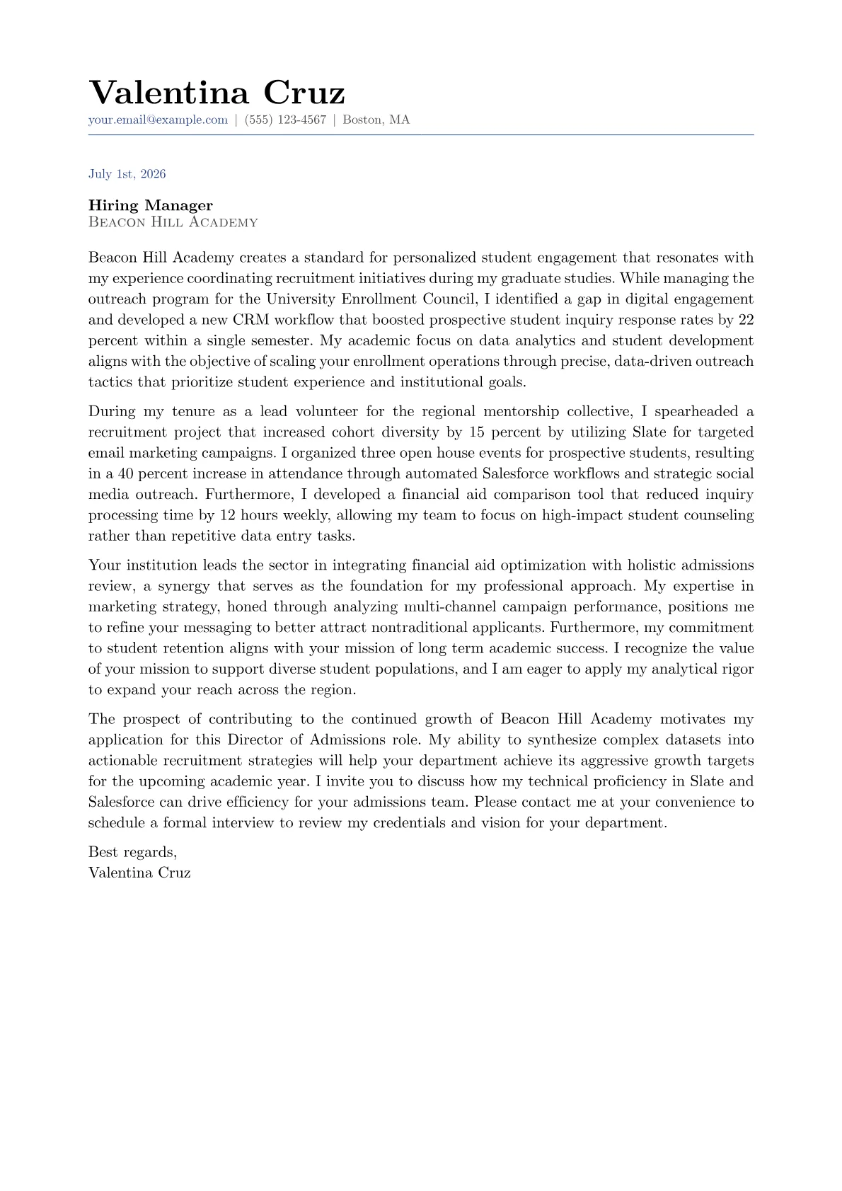 Director of Admissions cover letter in the Classic design