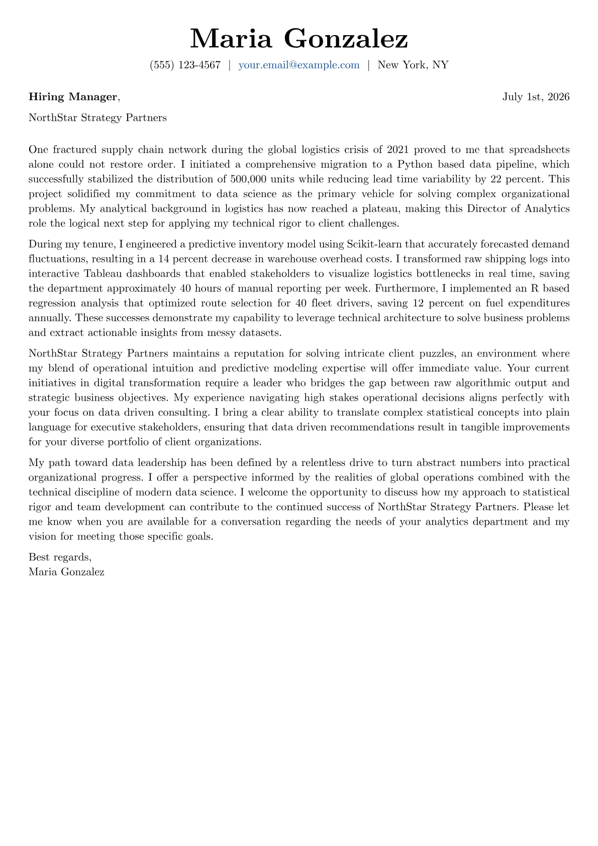 Director of Analytics cover letter in the Basic design