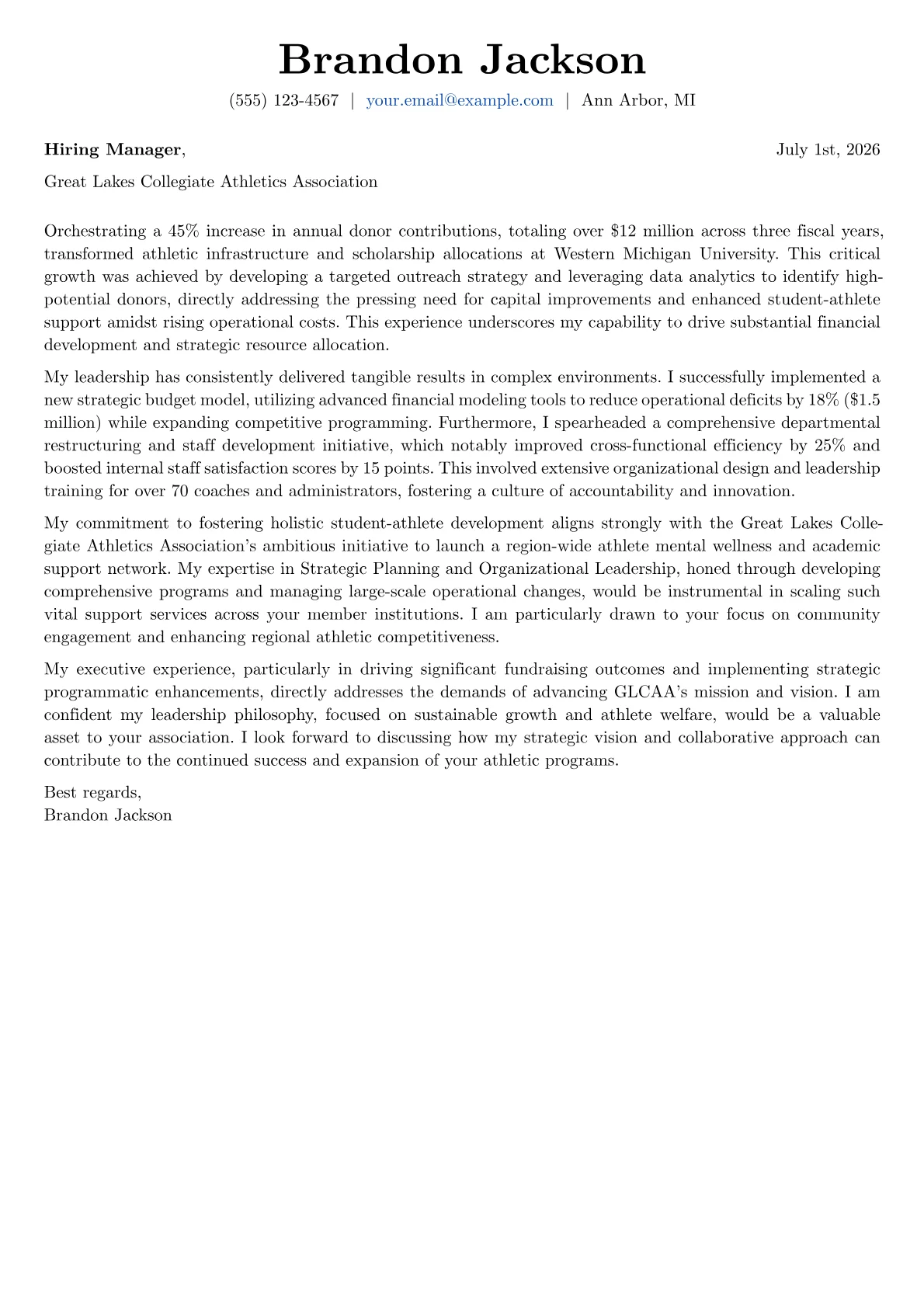 Director of Athletics cover letter formatted with a JobSprout template