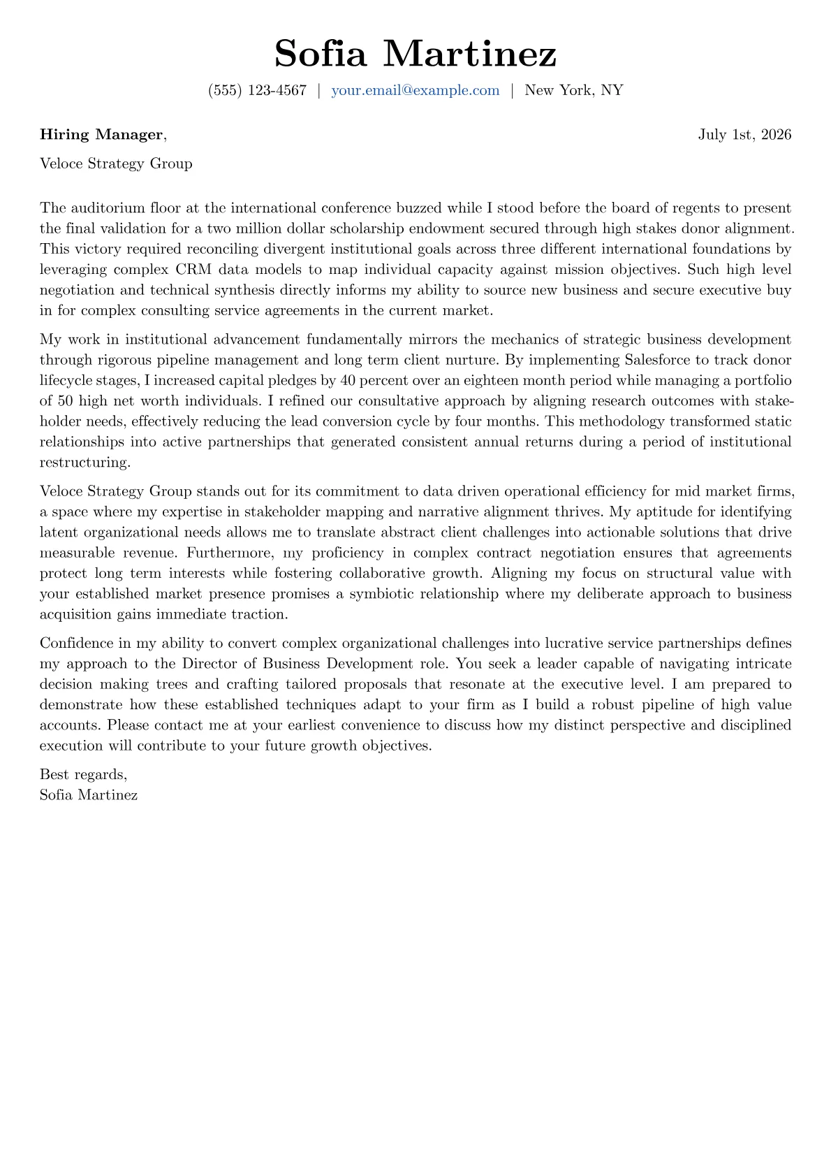 Director of Business Development cover letter in the Basic design