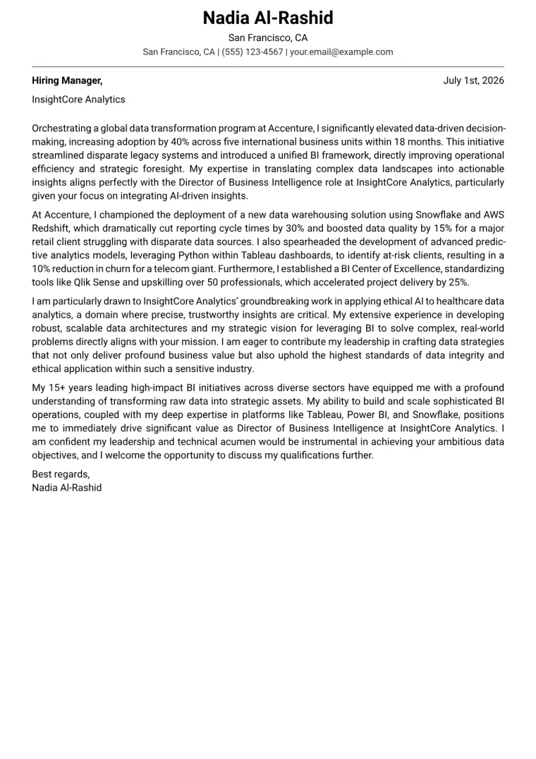 Director of Business Intelligence Cover Letter Example
