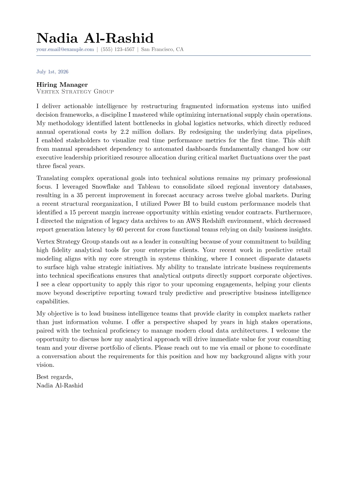 Director of Business Intelligence cover letter in the Classic design