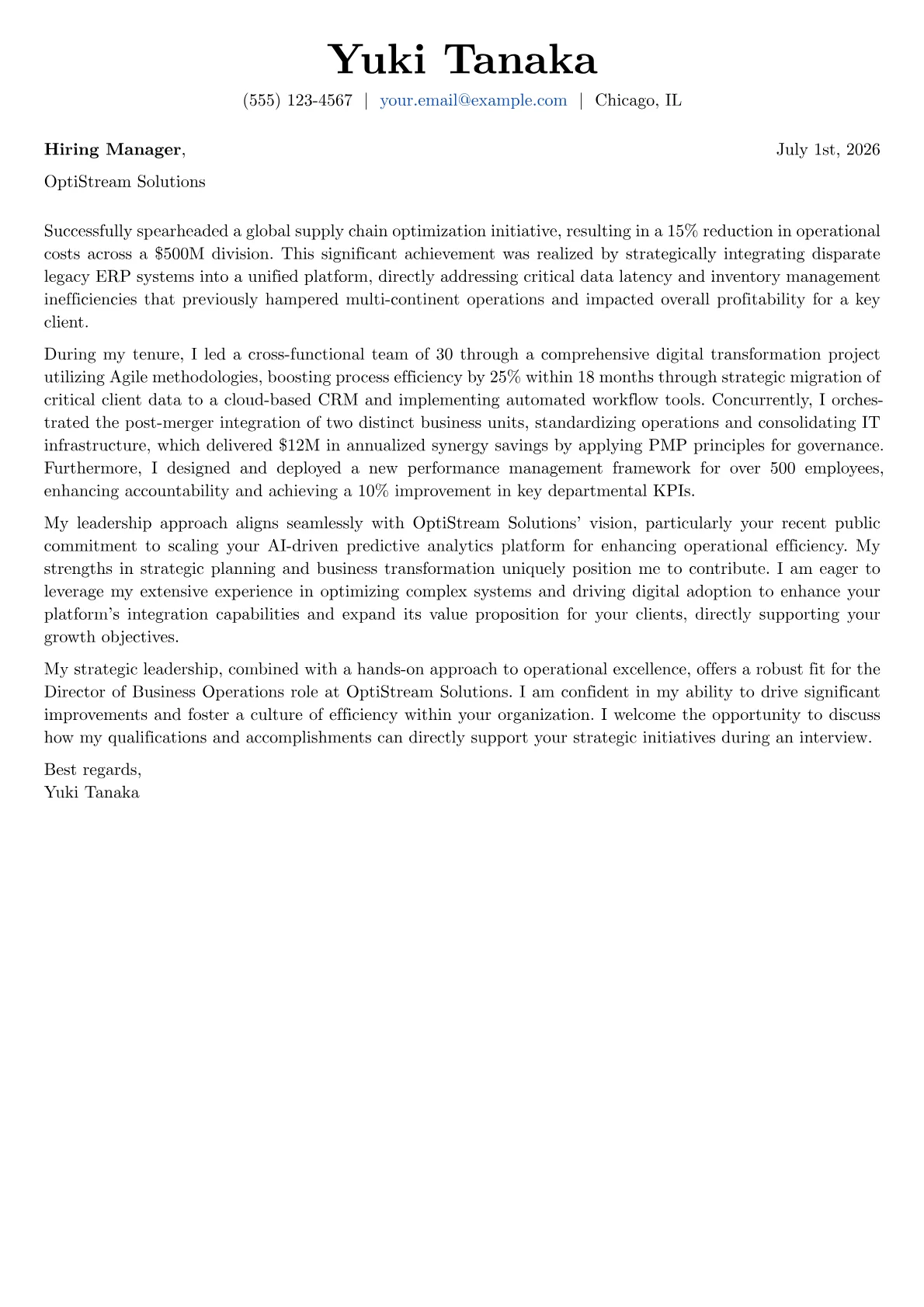Director of Business Operations cover letter formatted with a JobSprout template