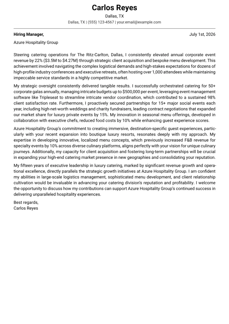 Director of Catering cover letter example preview