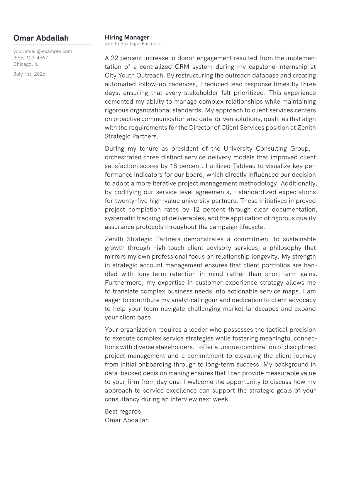 Director of Client Services cover letter in the Margin design