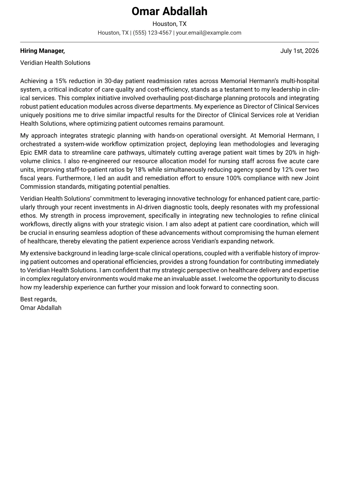 Director of Clinical Services cover letter formatted with a JobSprout template