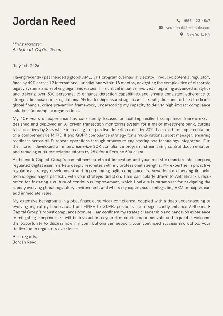 Director of Compliance cover letter example preview