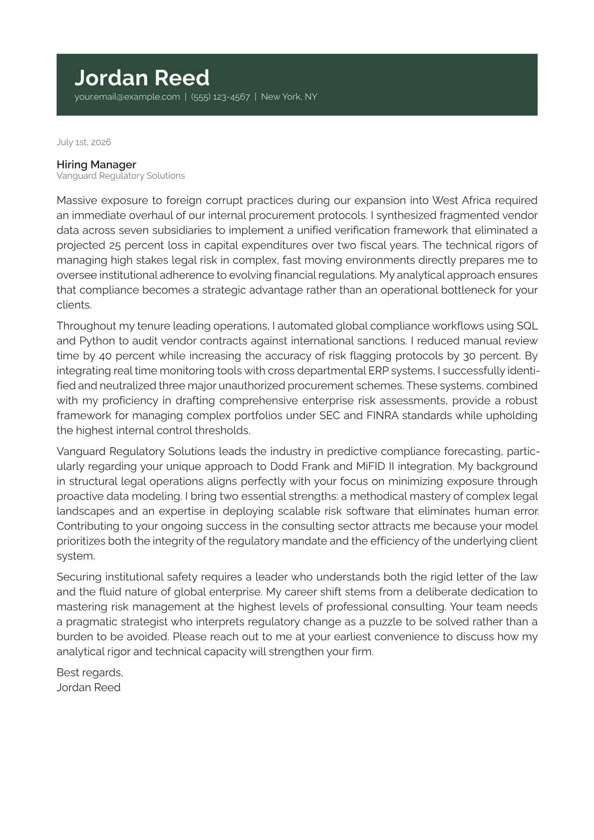 Director of Compliance cover letter in the Banner design