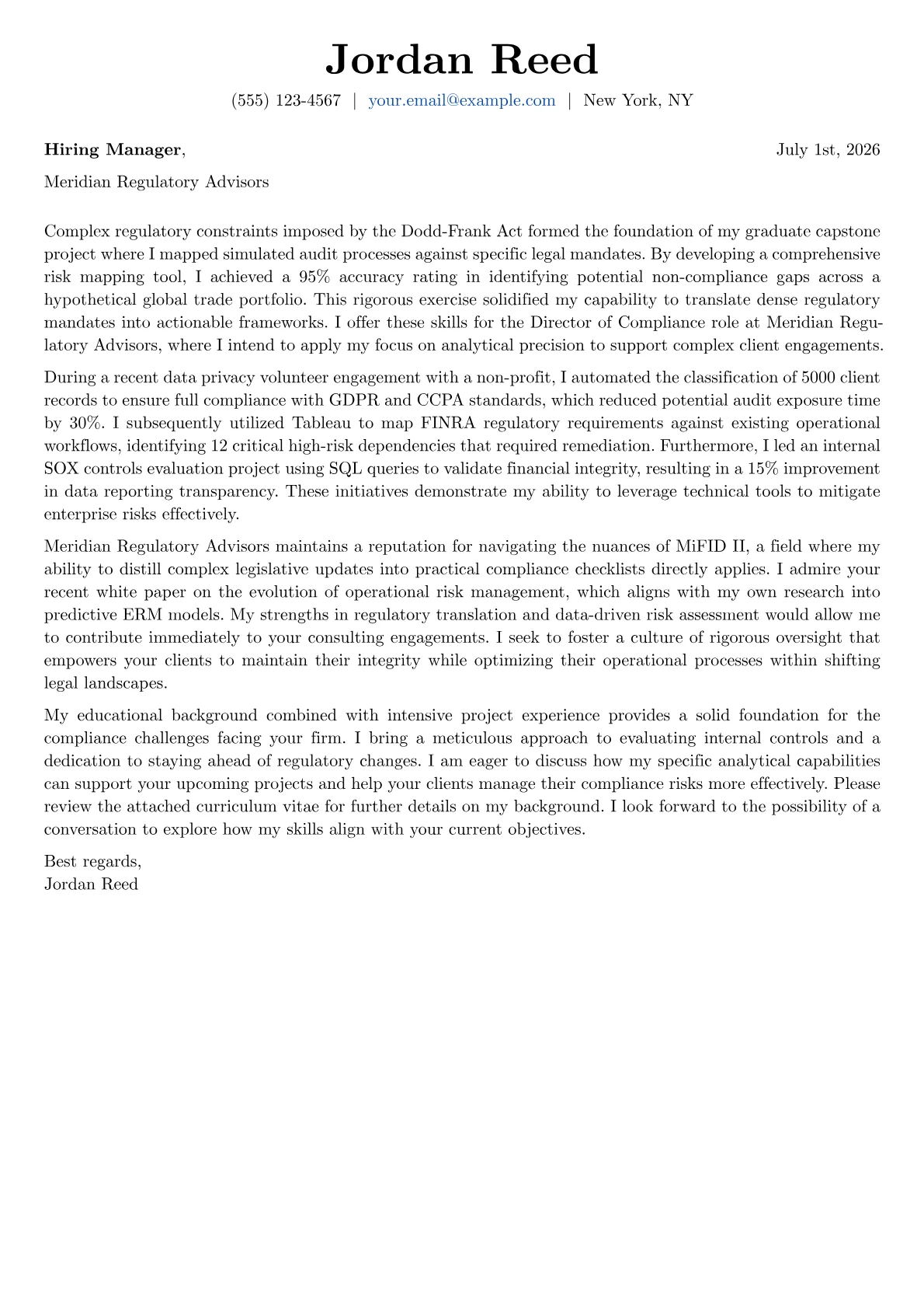 Director of Compliance cover letter in the Basic design