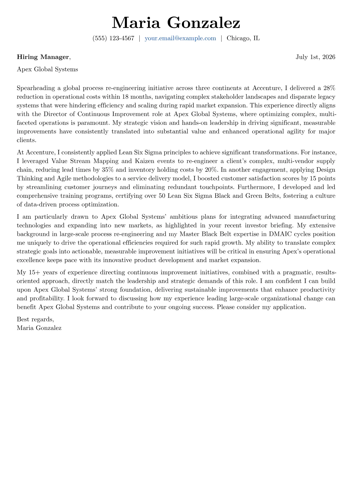 Director of Continuous Improvement cover letter formatted with a JobSprout template