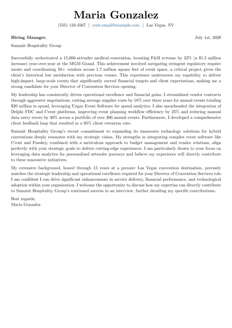 Director of Convention Services Cover Letter Example