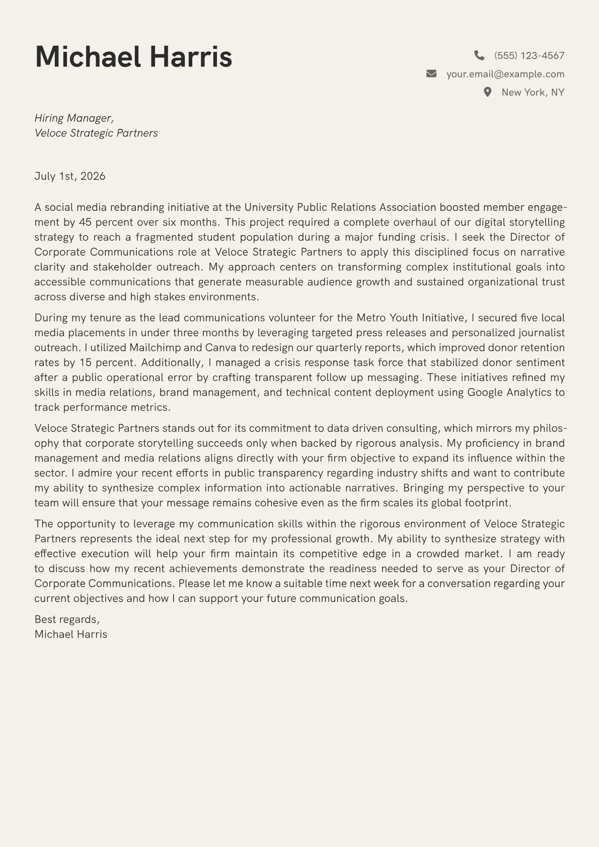 Director of Corporate Communications cover letter in the Creative design