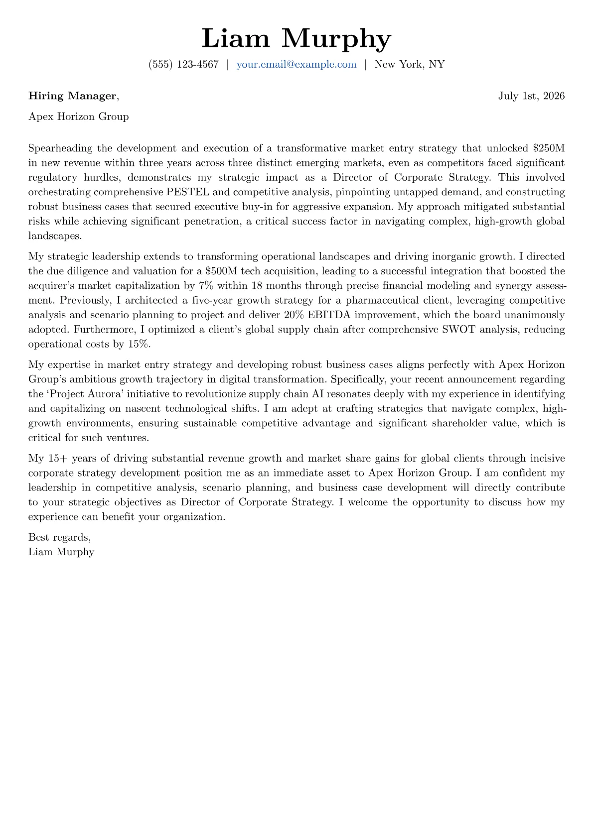 Director of Corporate Strategy cover letter formatted with a JobSprout template