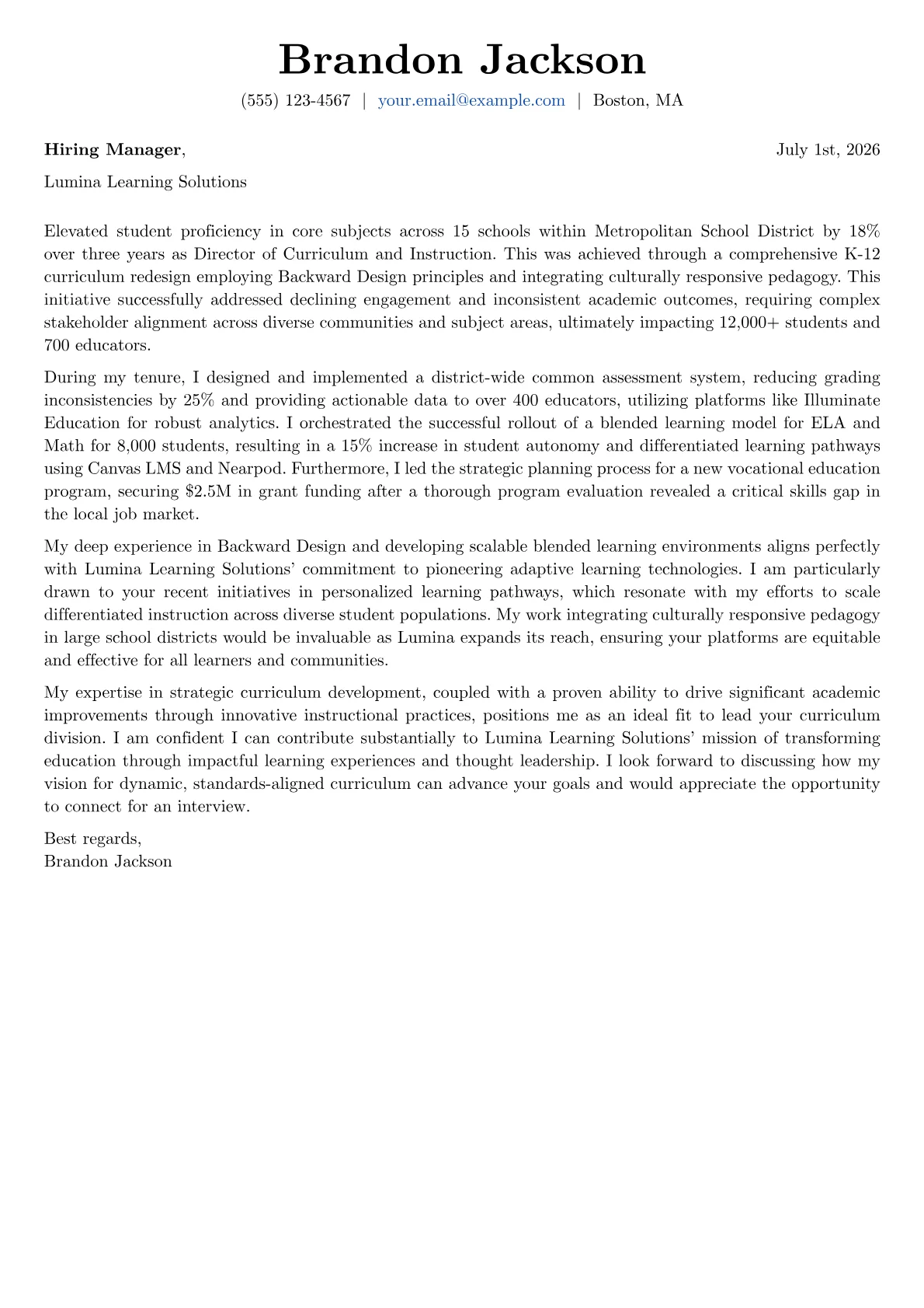 Director of Curriculum cover letter formatted with a JobSprout template