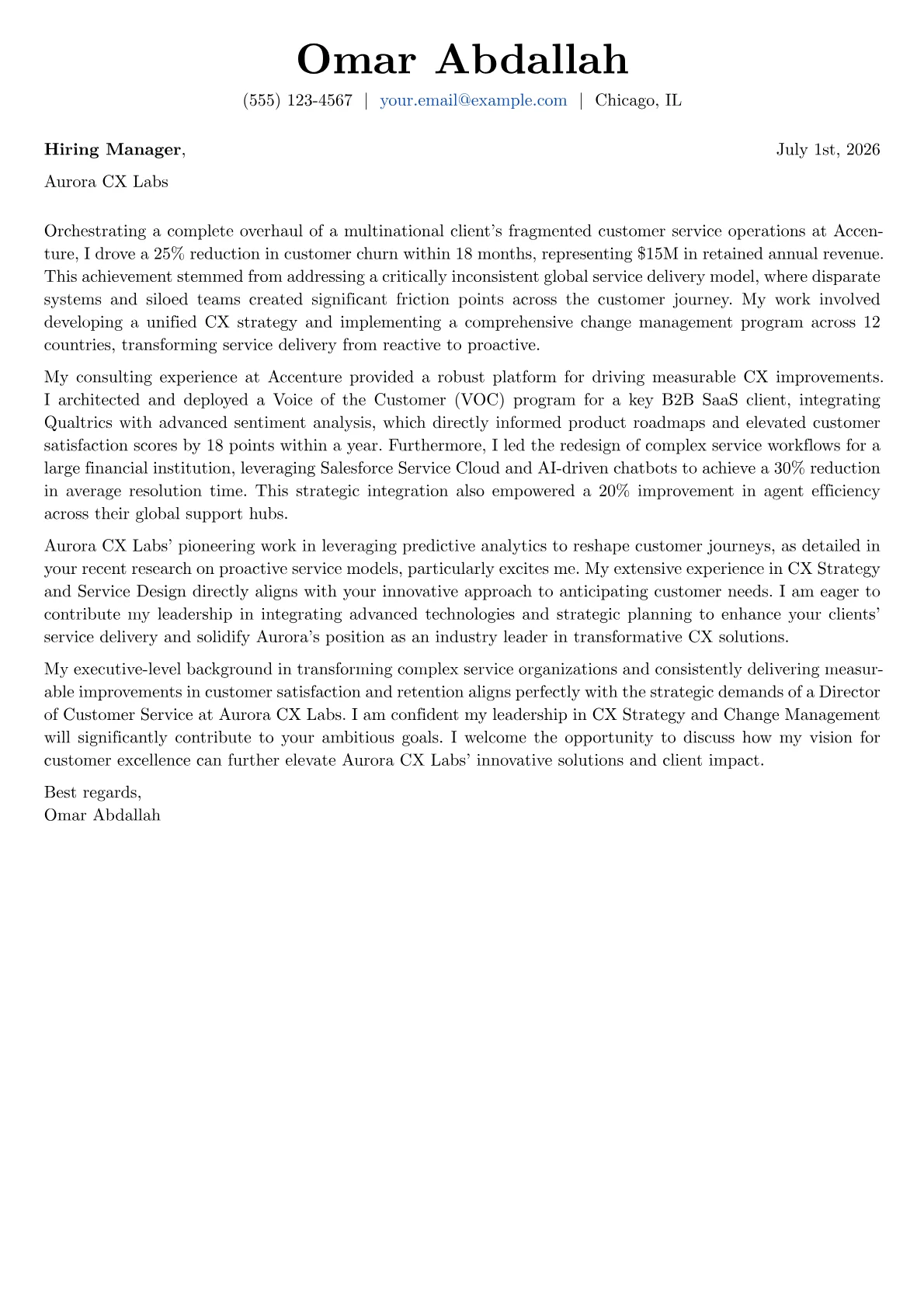 Director of Customer Service cover letter formatted with a JobSprout template