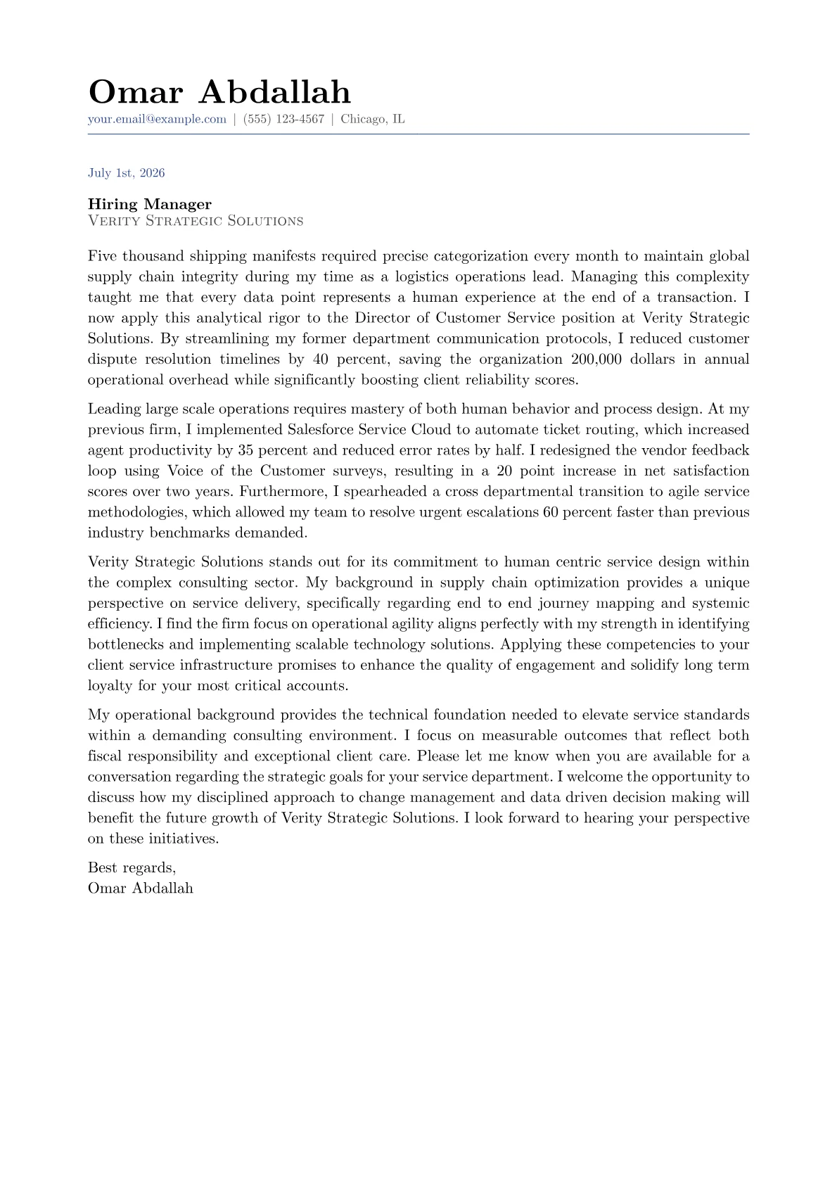 Director of Customer Service cover letter in the Classic design
