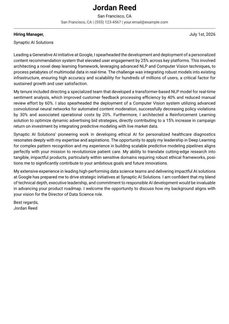 Director of Data Science cover letter example preview