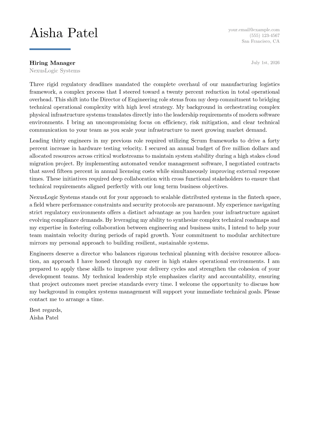 Director of Engineering cover letter in the Executive design