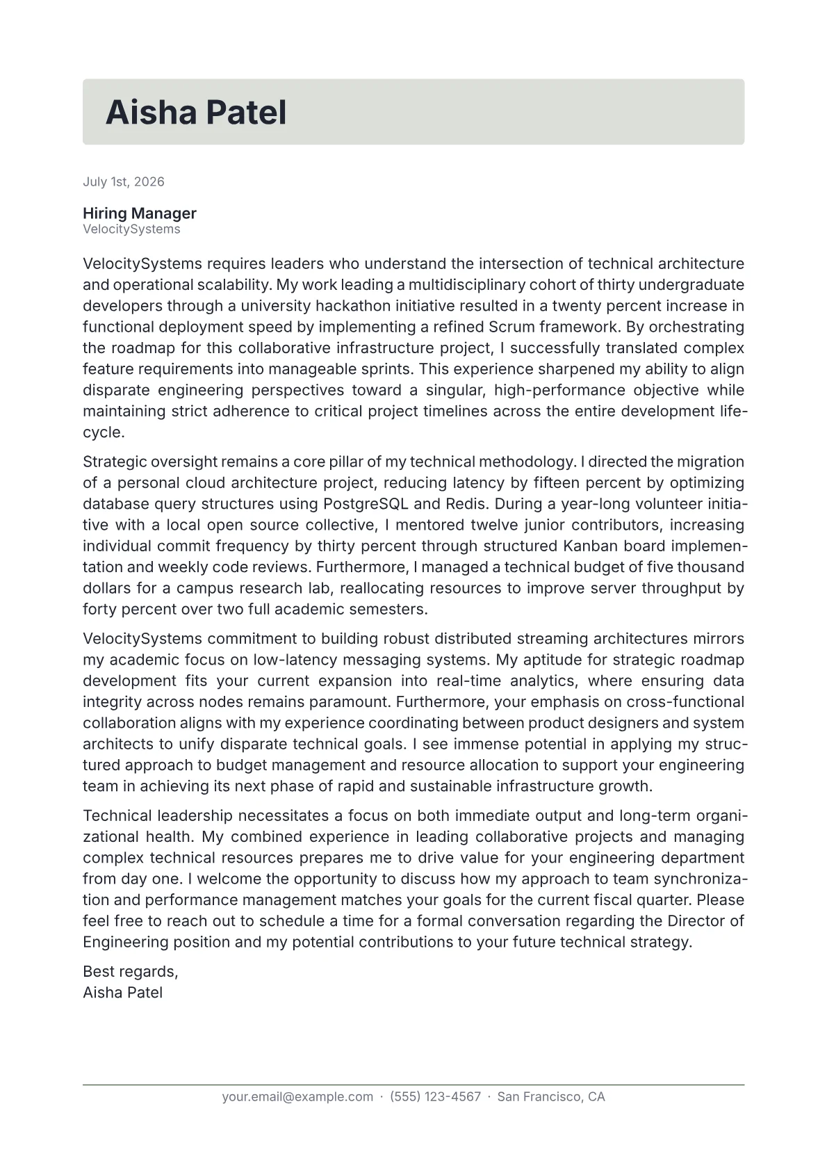 Director of Engineering cover letter in the Letterhead design