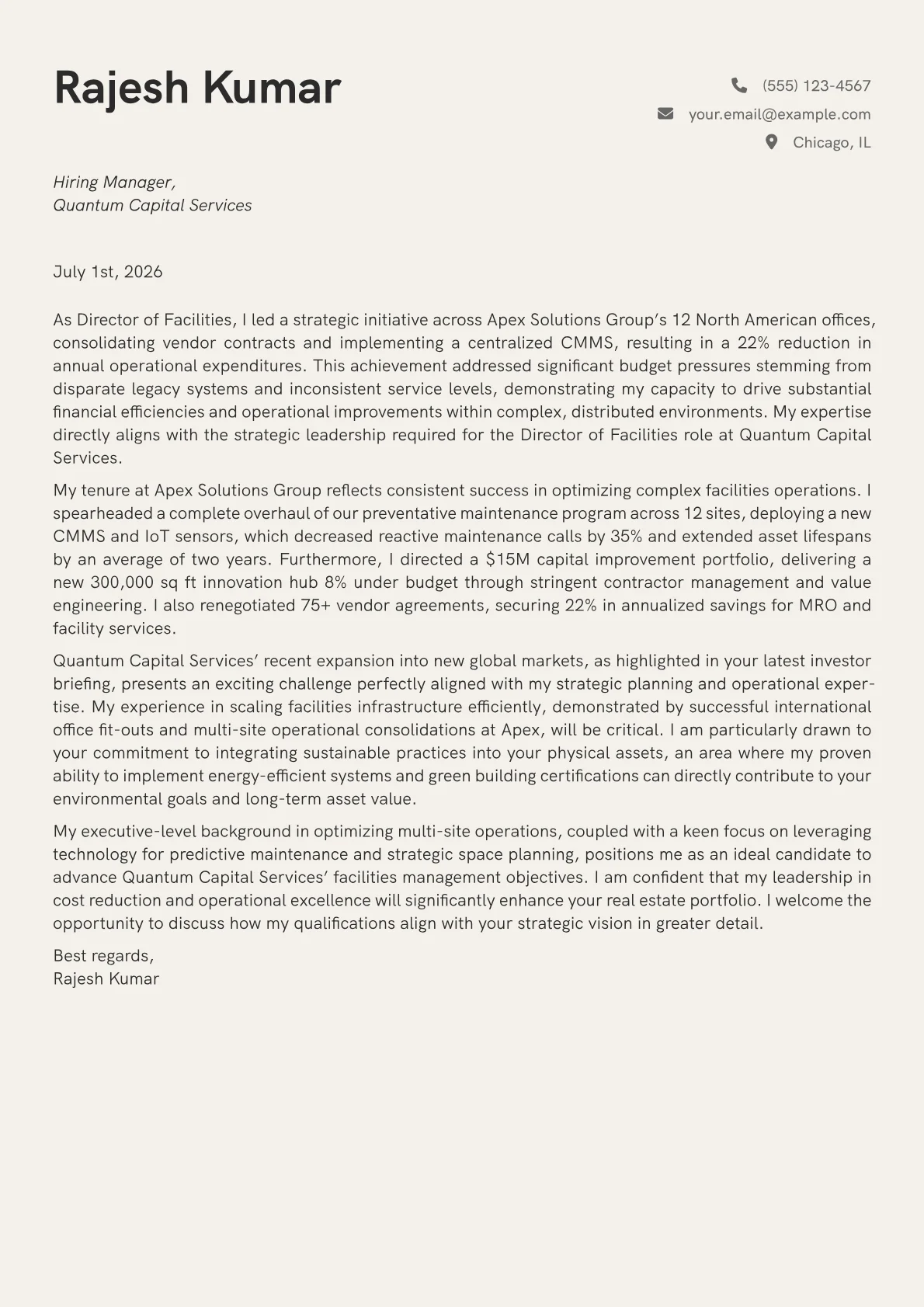 Director of Facilities cover letter formatted with a JobSprout template