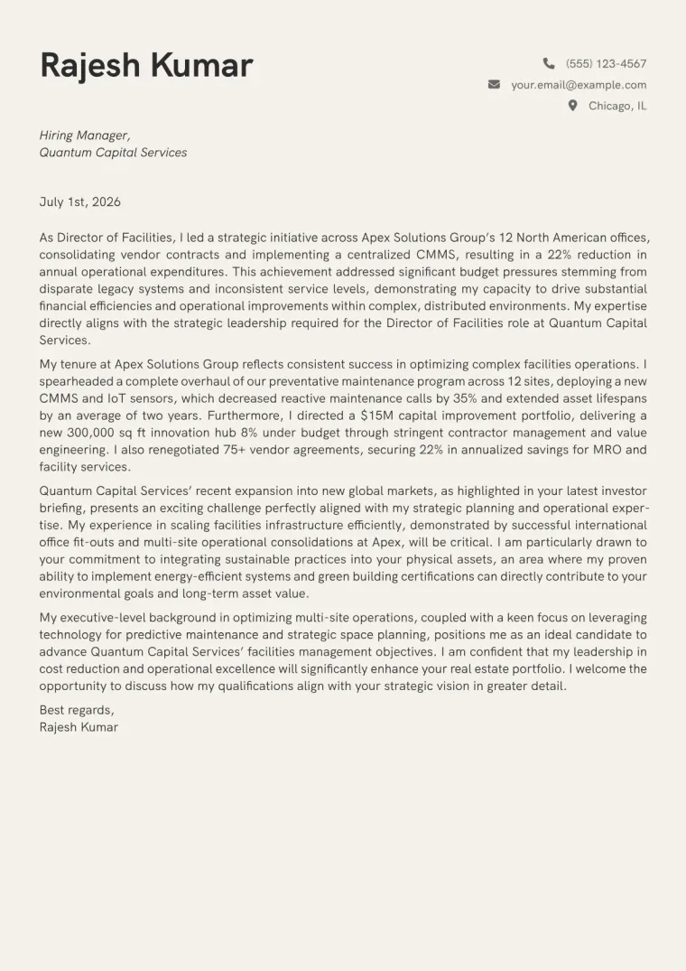 Director of Facilities cover letter example preview