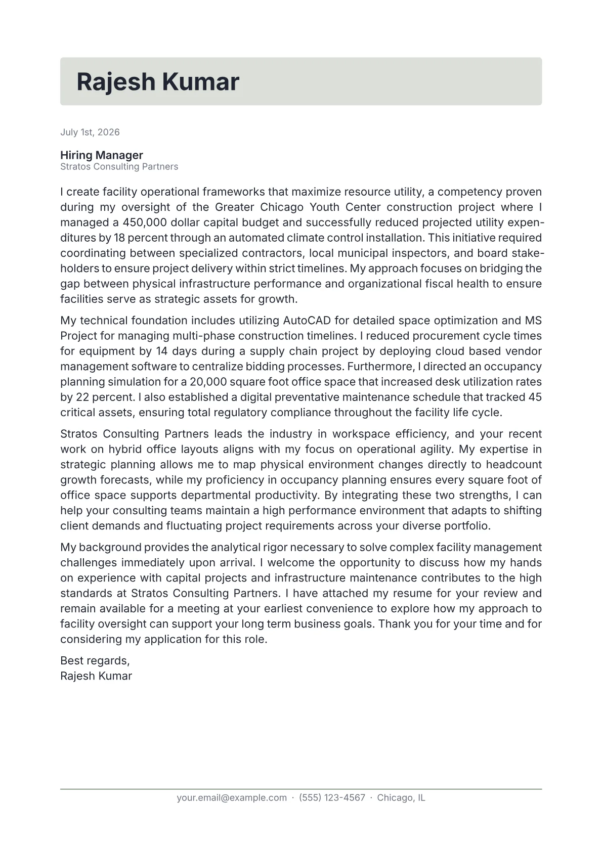 Director of Facilities cover letter in the Letterhead design