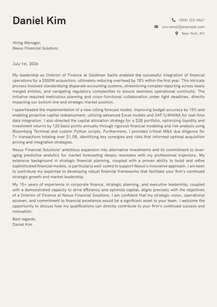 Director of Finance Cover Letter Example