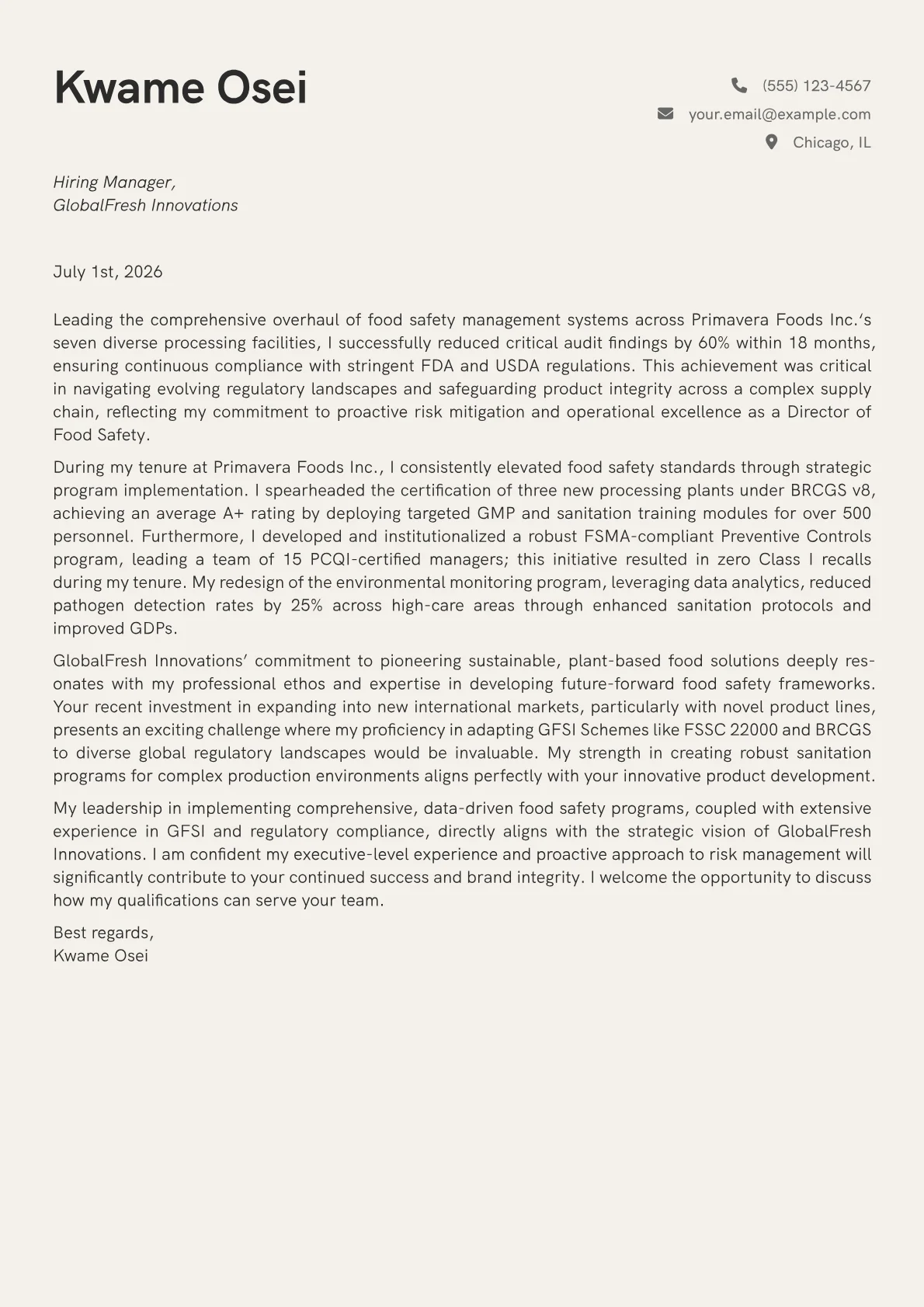 Director of Food Safety cover letter formatted with a JobSprout template
