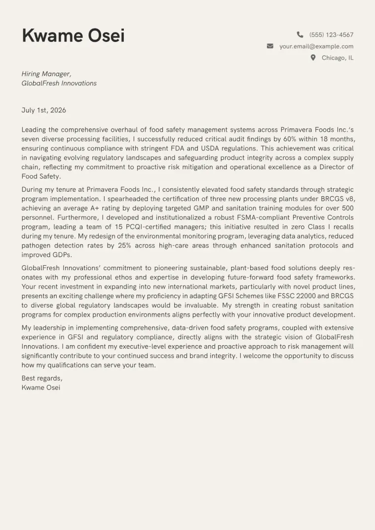 Director of Food Safety cover letter example preview