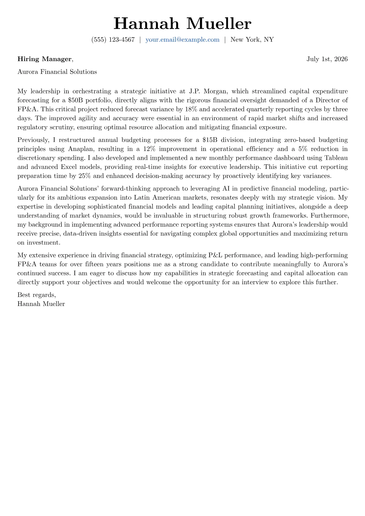 Director of FP&A cover letter formatted with a JobSprout template