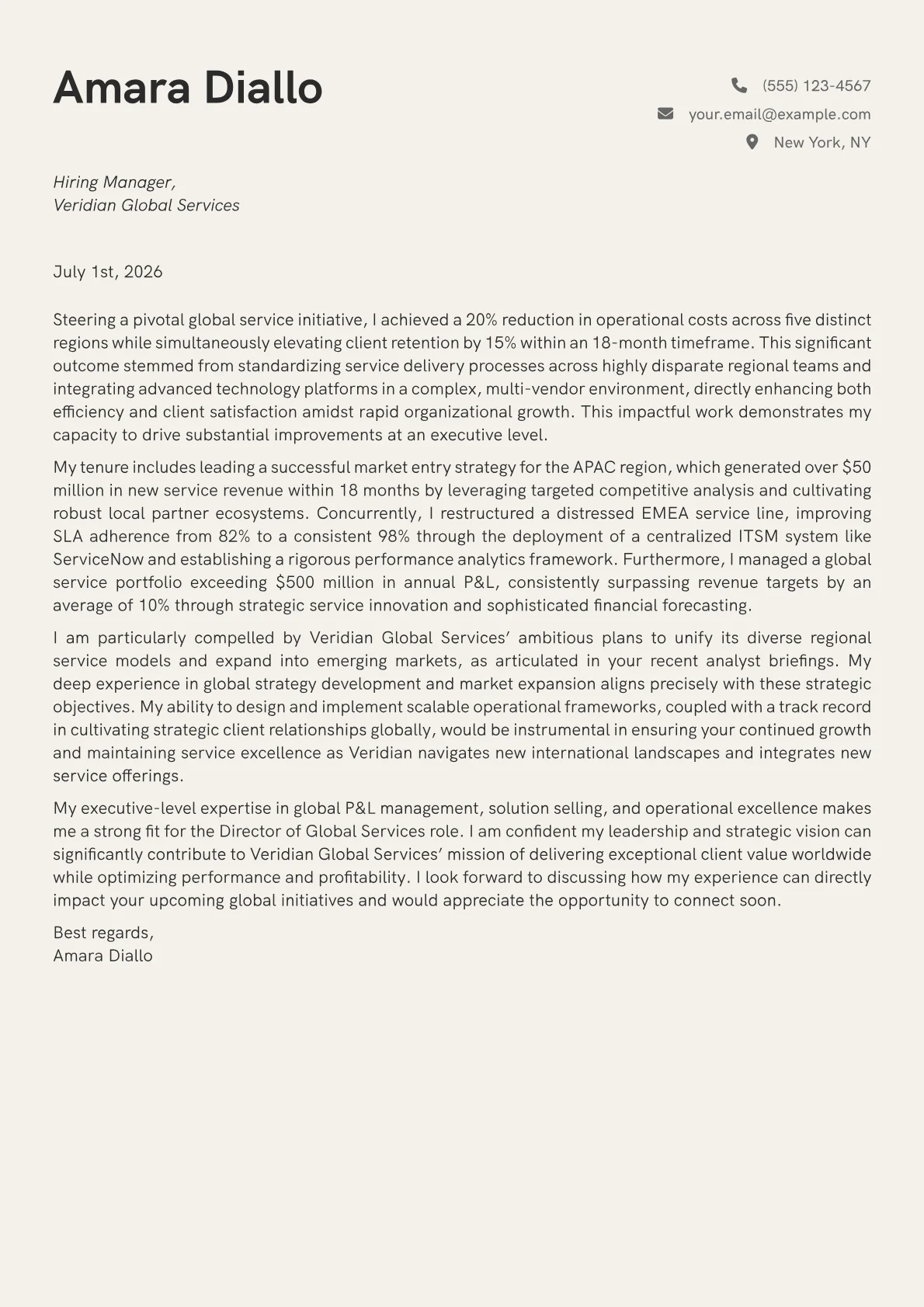 Director of Global Services cover letter formatted with a JobSprout template