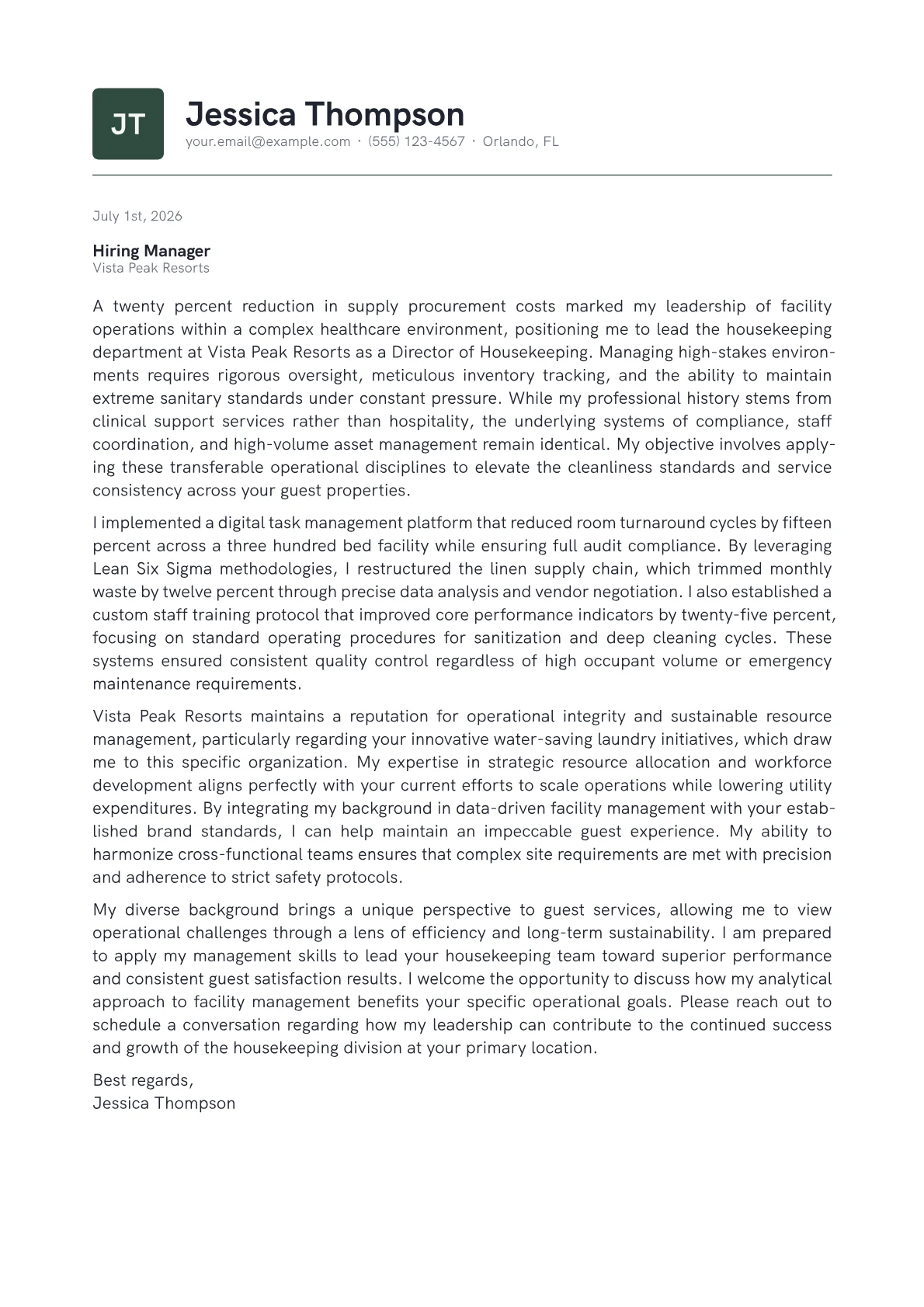 Director of Housekeeping cover letter in the Emblem design