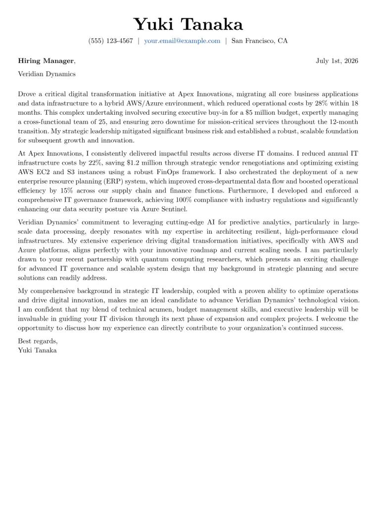 Director of Information Technology Cover Letter Example