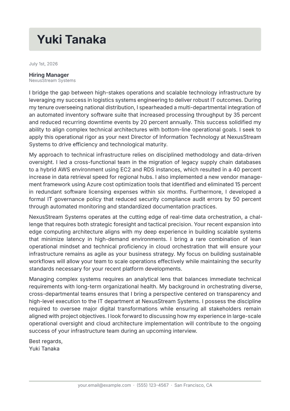 Director of Information Technology cover letter in the Letterhead design