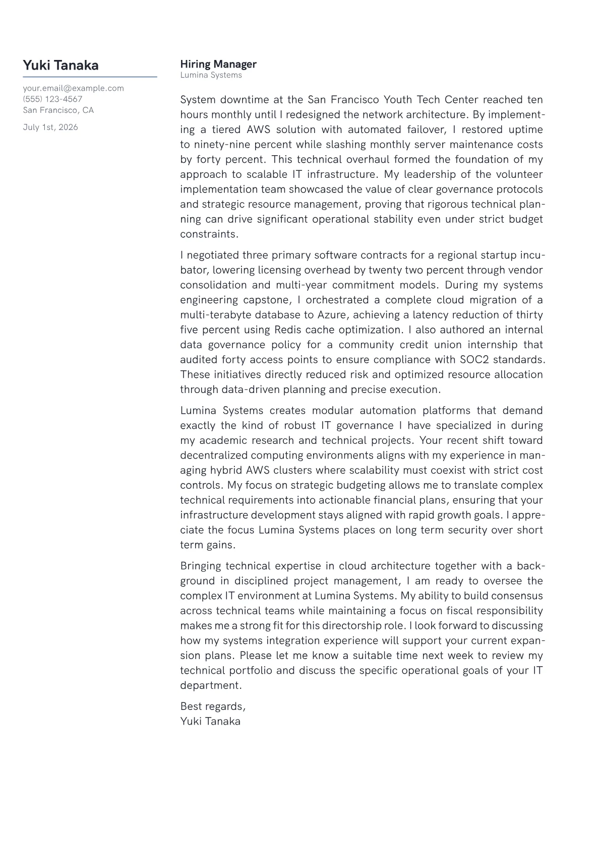 Director of Information Technology cover letter in the Margin design