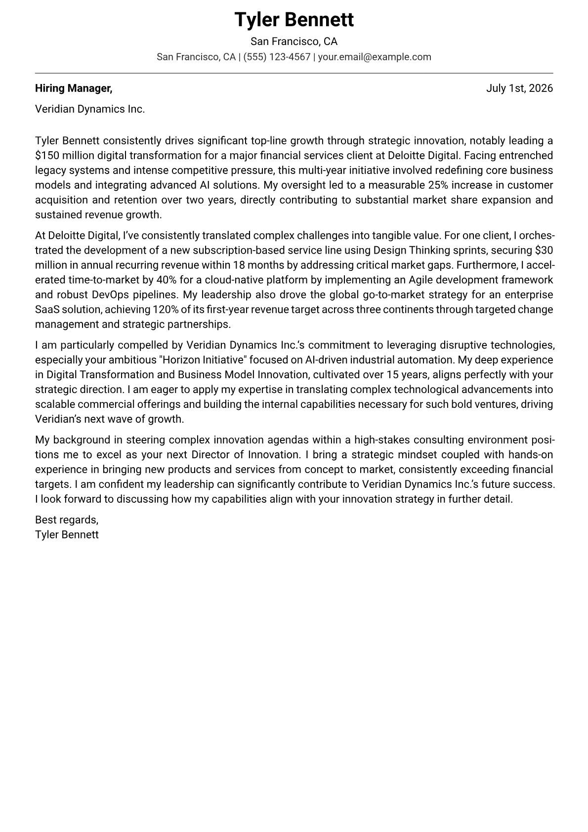 Director of Innovation cover letter formatted with a JobSprout template