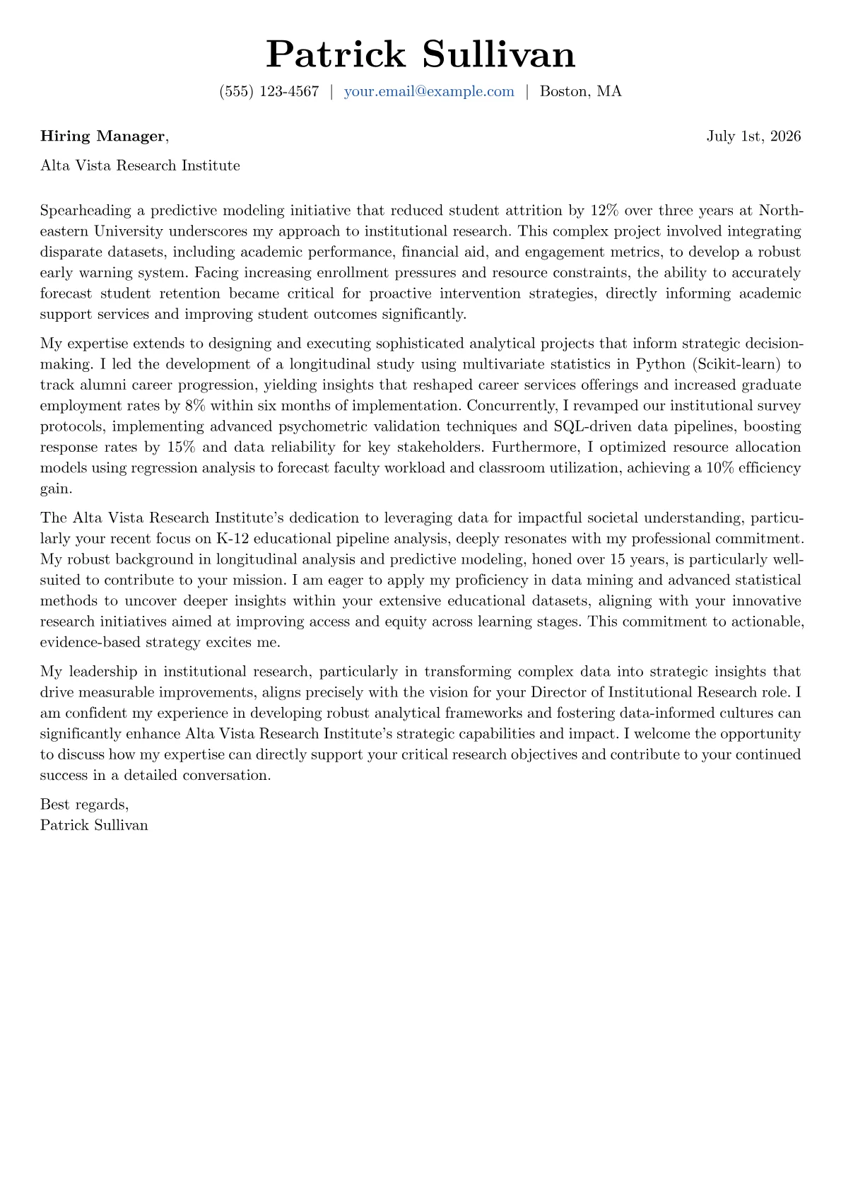 Director of Institutional Research cover letter formatted with a JobSprout template