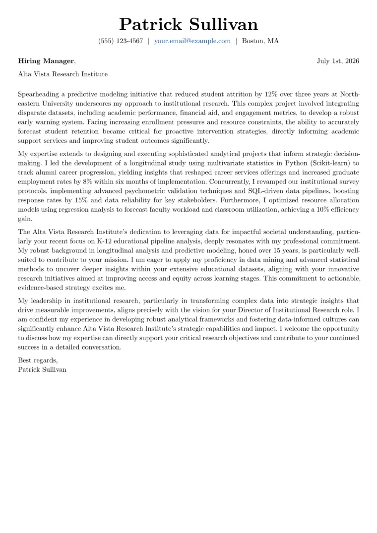 Director of Institutional Research cover letter example preview